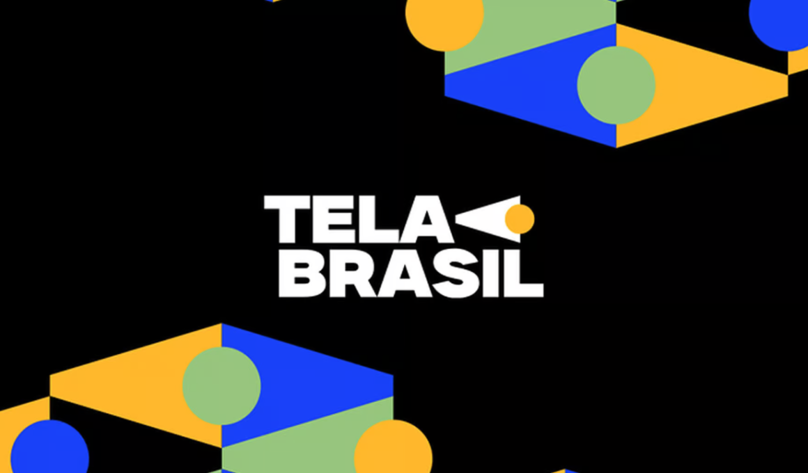 Logotipo do Tela Brasil em fundo preto com formas geométricas coloridas em azul, verde e amarelo. A identidade visual representa a plataforma de streaming gratuita do governo brasileiro voltada para produções nacionais, filmes, séries e conteúdos audiovisuais brasileiros