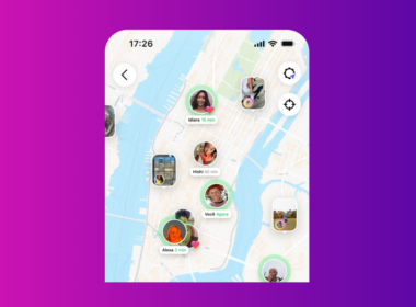 Captura de tela de um smartphone mostrando o recurso "Mapa de Amigos" do Instagram em Nova York. Vários ícones circulares com fotos de perfil e nomes de usuários, como "Idiara", "Hishi", "Você" e "Alexa", estão dispersos em um mapa de ruas. Os horários de "agora", "2 min", "15 min" e "45 min" indicam quando os usuários estiveram ativos pela última vez.