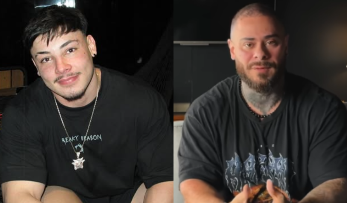 Montagem com dois homens em ambiente escuro. À esquerda, jovem de camiseta preta e corrente olha para a câmera sorrindo. À direita, homem careca com barba e tatuagens aparece sentado durante gravação de vídeo. A imagem é relacionada ao pronunciamento de Leo Stronda sobre a morte de Gabriel Ganley.