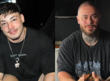 Montagem com dois homens em ambiente escuro. À esquerda, jovem de camiseta preta e corrente olha para a câmera sorrindo. À direita, homem careca com barba e tatuagens aparece sentado durante gravação de vídeo. A imagem é relacionada ao pronunciamento de Leo Stronda sobre a morte de Gabriel Ganley.