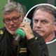 Alexandre Frota, um homem de cabelos grisalhos e óculos fala ao telefone durante entrevista em podcast; ao fundo, imagem circular de Jair Bolsonaro.