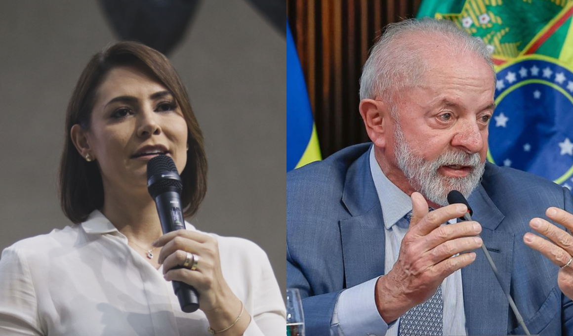 Michelle Bolsonaro e o presidente Luiz Inácio Lula da Silva em montagem lado a lado. A ex-primeira-dama aparece segurando um microfone durante discurso, enquanto Lula fala em uma reunião oficial, com a bandeira do Brasil ao fundo.