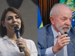 Michelle Bolsonaro e o presidente Luiz Inácio Lula da Silva em montagem lado a lado. A ex-primeira-dama aparece segurando um microfone durante discurso, enquanto Lula fala em uma reunião oficial, com a bandeira do Brasil ao fundo.