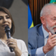 Michelle Bolsonaro e o presidente Luiz Inácio Lula da Silva em montagem lado a lado. A ex-primeira-dama aparece segurando um microfone durante discurso, enquanto Lula fala em uma reunião oficial, com a bandeira do Brasil ao fundo.