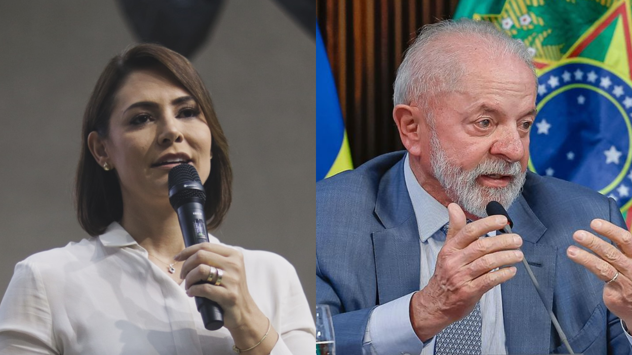 Michelle Bolsonaro e o presidente Luiz Inácio Lula da Silva em montagem lado a lado. A ex-primeira-dama aparece segurando um microfone durante discurso, enquanto Lula fala em uma reunião oficial, com a bandeira do Brasil ao fundo.