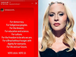 Montagem de duas imagens. À esquerda, print dos stories de Madonna no Instagram com a publicação do fotógrafo Rafael Pavarotti sobre fundo vermelho, ao som de “Aquarela do Brasil”, na voz de Gal Costa. O texto, em inglês, defende a democracia, os povos indígenas, a Amazônia, a educação, a ciência, a cultura e “um Brasil sem fome”. Termina com o pedido “Vote Lula. Vote 13”. À direita, retrato de Madonna, loira, de cabelo ondulado, brincos e top preto, com expressão séria.