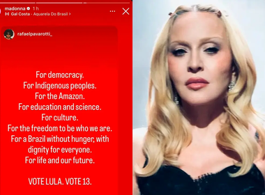 Montagem de duas imagens. À esquerda, print dos stories de Madonna no Instagram com a publicação do fotógrafo Rafael Pavarotti sobre fundo vermelho, ao som de “Aquarela do Brasil”, na voz de Gal Costa. O texto, em inglês, defende a democracia, os povos indígenas, a Amazônia, a educação, a ciência, a cultura e “um Brasil sem fome”. Termina com o pedido “Vote Lula. Vote 13”. À direita, retrato de Madonna, loira, de cabelo ondulado, brincos e top preto, com expressão séria.