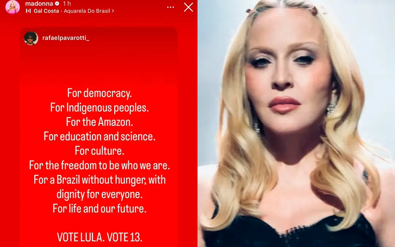 Montagem de duas imagens. À esquerda, print dos stories de Madonna no Instagram com a publicação do fotógrafo Rafael Pavarotti sobre fundo vermelho, ao som de “Aquarela do Brasil”, na voz de Gal Costa. O texto, em inglês, defende a democracia, os povos indígenas, a Amazônia, a educação, a ciência, a cultura e “um Brasil sem fome”. Termina com o pedido “Vote Lula. Vote 13”. À direita, retrato de Madonna, loira, de cabelo ondulado, brincos e top preto, com expressão séria.