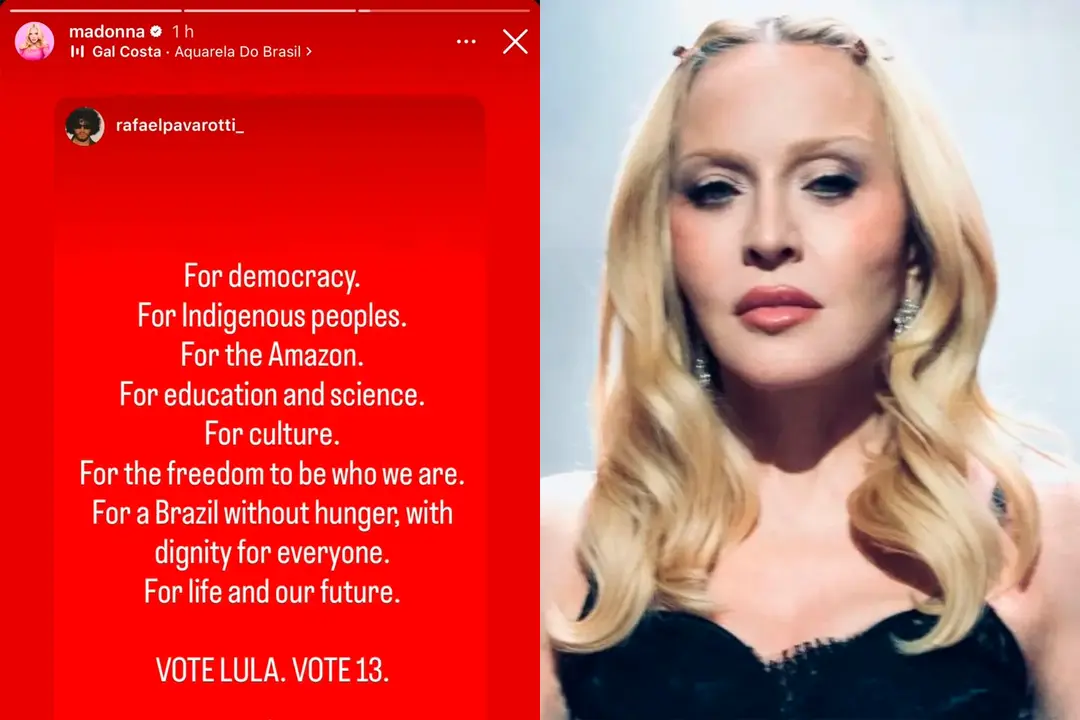 Montagem de duas imagens. À esquerda, print dos stories de Madonna no Instagram com a publicação do fotógrafo Rafael Pavarotti sobre fundo vermelho, ao som de “Aquarela do Brasil”, na voz de Gal Costa. O texto, em inglês, defende a democracia, os povos indígenas, a Amazônia, a educação, a ciência, a cultura e “um Brasil sem fome”. Termina com o pedido “Vote Lula. Vote 13”. À direita, retrato de Madonna, loira, de cabelo ondulado, brincos e top preto, com expressão séria.